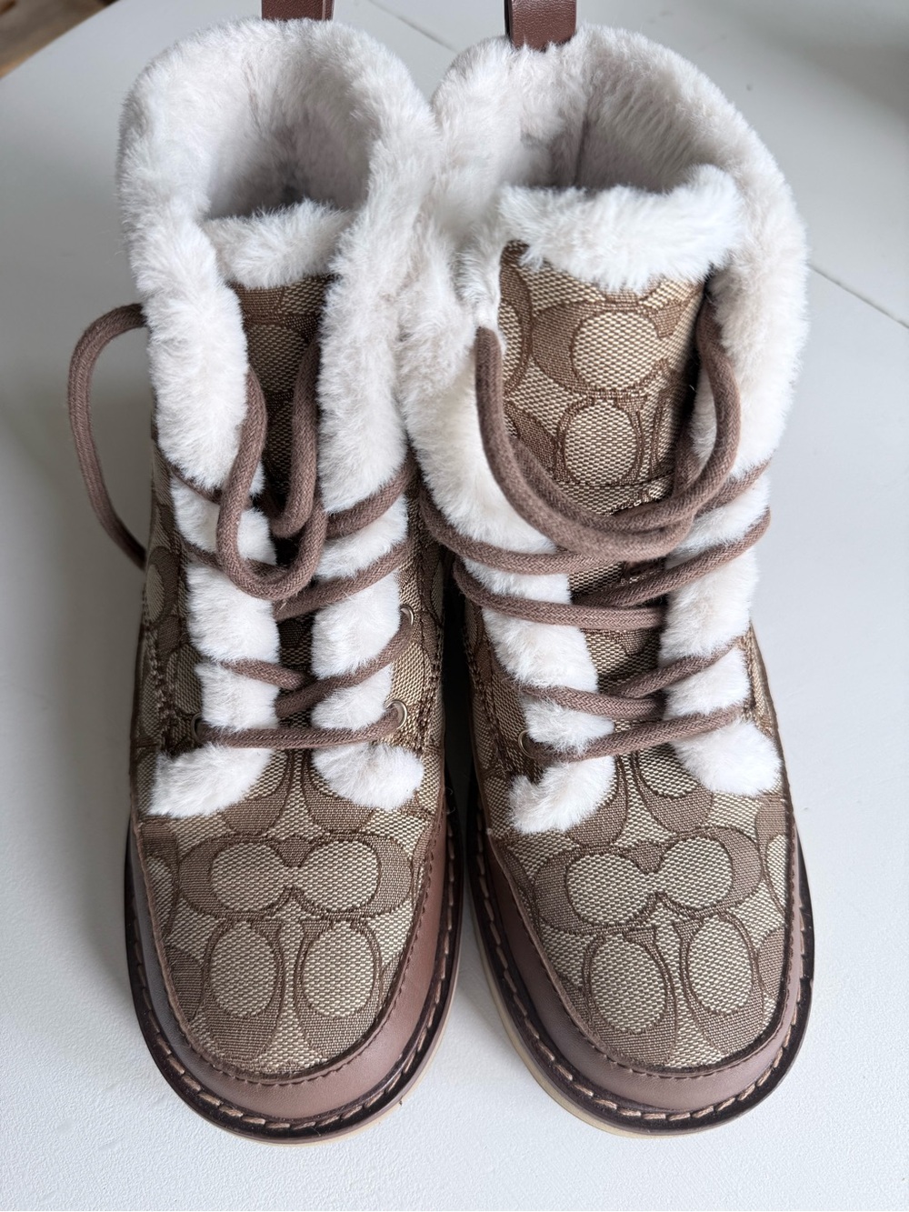 Coach Tan Signature Canvas Shearling Lace-Up Boots Imani Signature Jacquard